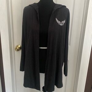 Charcoal Dark Gray Heather Lightweight Cardigan Dog Paw Print Wings Sz L NWOT
